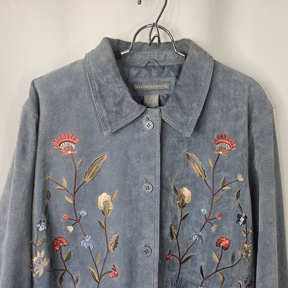 Jessica Holbrook Jacket Womens 1X Blue Suede Leather Floral Embroidered Artsy - Picture 3 of 8